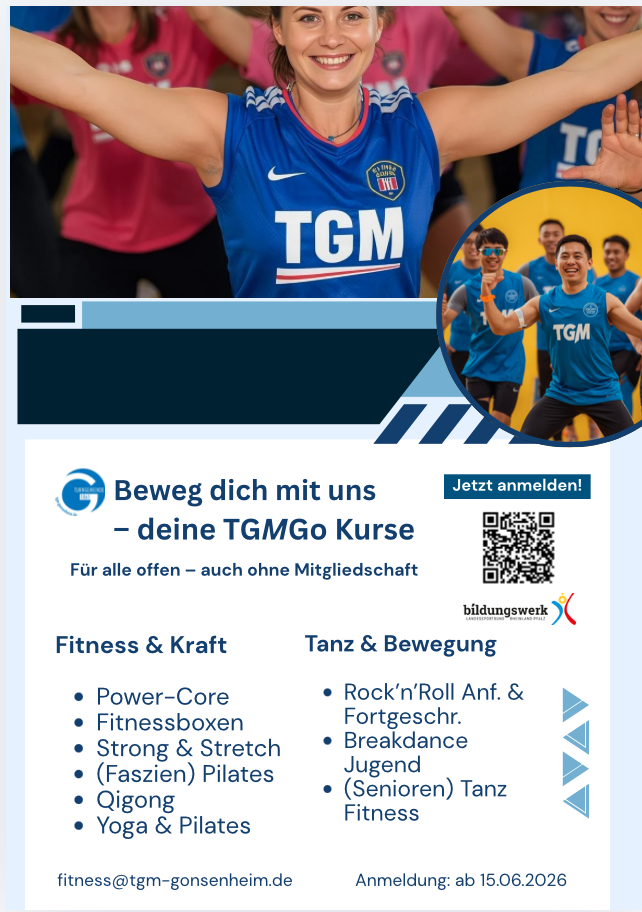 Flyer mit Übersicht aller TGMGo Kurse 2026, Fitness und Tanzangebote bei TGM, jetzt anmelden