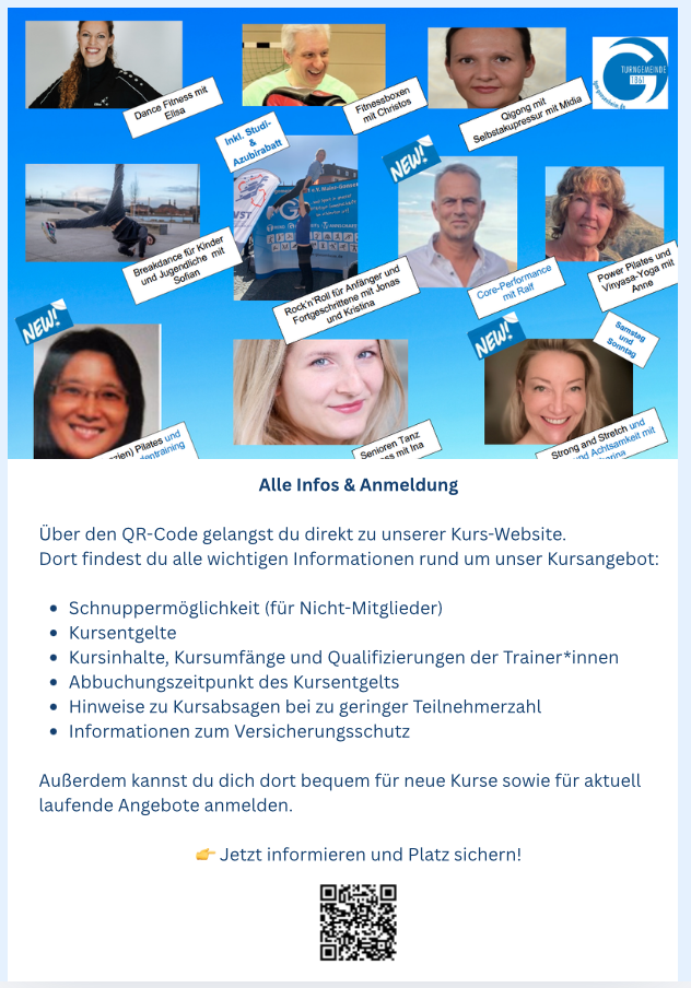 Kursflyer Rückseite 2026 mit allen Kursangeboten, Infos zur Anmeldung und Übersicht der Trainerinnen und Trainer