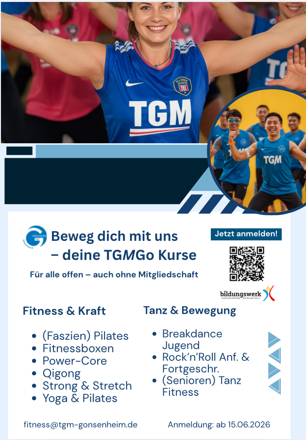 Komplettes Kursangebot 2026 der TGM, Vorderseite mit Fitness- und Tanzkursen