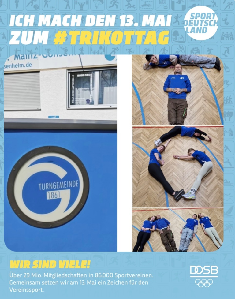 Trikottag 2026 bei der Turngemeinde 1861 Mainz-Gonsenheim, Vereinsmitglieder bilden mit ihren Körpern Buchstaben in der Turnhalle