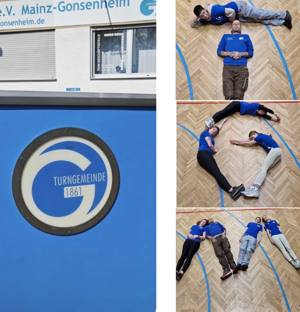 Trikottag 2026 bei der Turngemeinde Mainz-Gonsenheim, Mitglieder formen Buchstaben auf dem Hallenboden