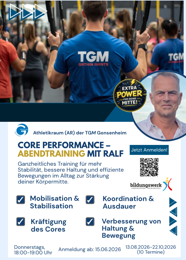 Core Performance Abendtraining mit Ralf bei der TGM Gonsenheim – ganzheitliches Training ffcr mehr Stabilite4t, Haltung und Power ffcr die Kf6rpermitte
