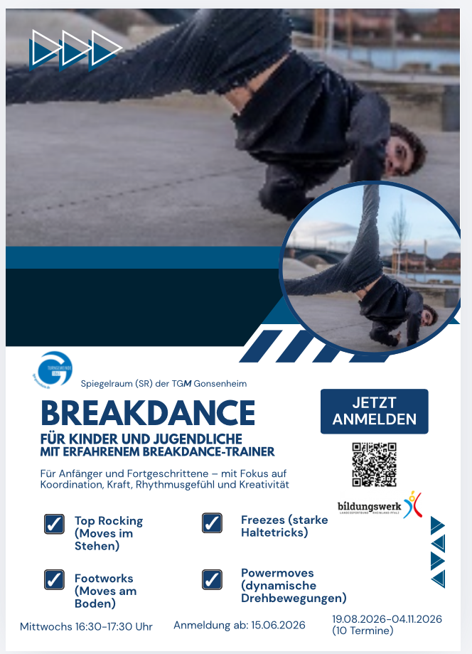 Breakdance-Workshop für Kinder und Jugendliche bei der TGM Gonsenheim, Breakdancer beim Freeze-Trick im Freien