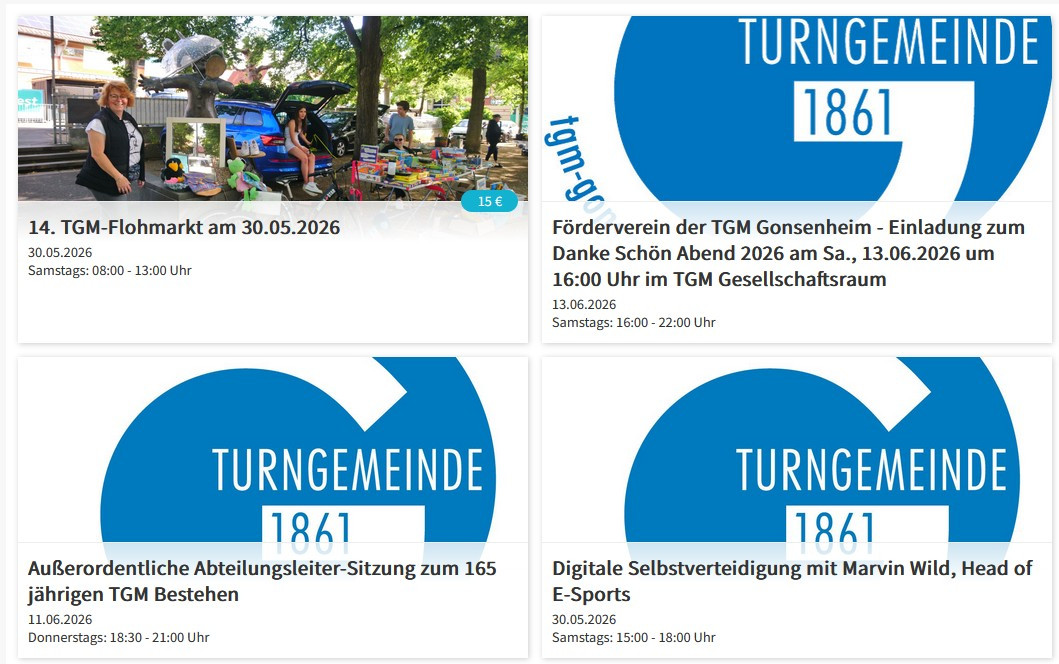 TGM Gonsenheim Veranstaltungen Mai und Juni 2026 – Flohmarkt, digitale Selbstverteidigung, Jubiläum Screenshot mit Veranstaltungshinweisen der TGM Gonsenheim im Mai und Juni 2026, darunter Flohmarkt, digitale Selbstverteidigung und Jubiläumssitzung