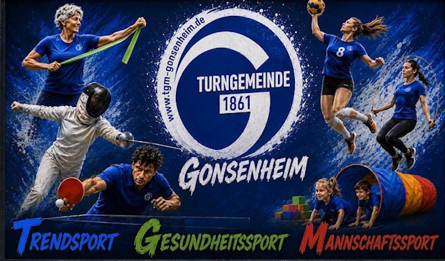 TGM Gonsenheim 1861 – vielfältige Sportarten und Gesundheitssport TGM Gonsenheim 1861 Logo mit Sportarten wie Fechten, Handball, Tischtennis und Kindersport