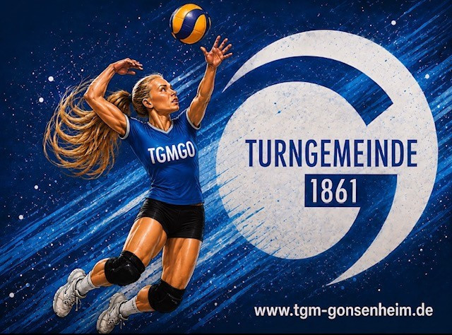 Volleyballspielerin der Turngemeinde Gonsenheim 1861 (TGMGO) beim Sprung, Vereinslogo im Hintergrund