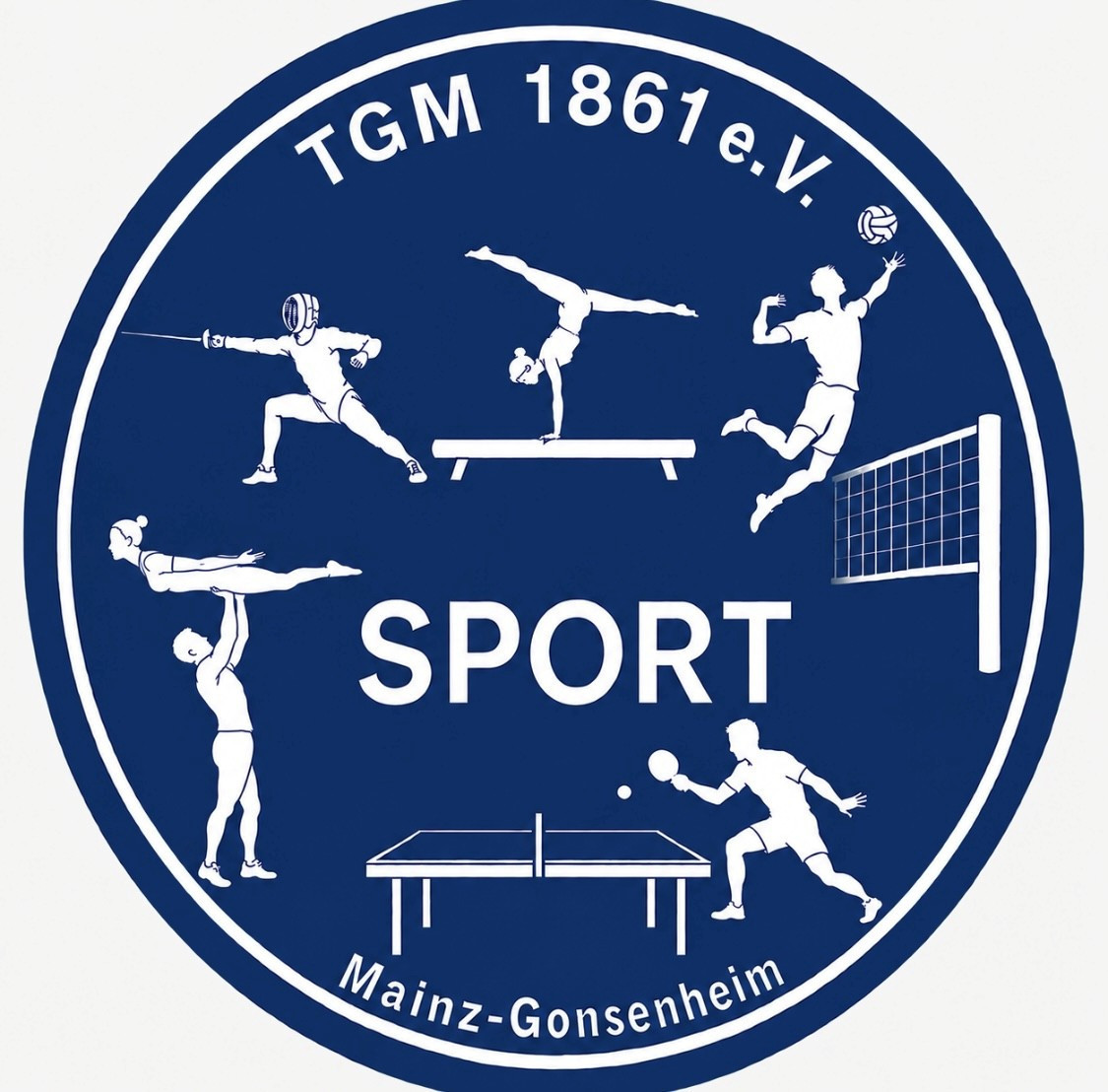Logo des TGM 1861 e.V. Mainz-Gonsenheim mit verschiedenen Sportarten wie Fechten, Turnen, Volleyball, Akrobatik und Tischtennis