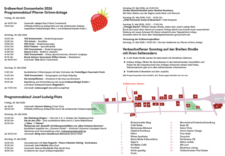 Erdbeerfest 2026 Gonsenheim – Programm, Lageplan und teilnehmende Geschäfte Programm und Lageplan zum Erdbeerfest 2026 in Gonsenheim mit Veranstaltungsübersicht und teilnehmenden Geschäften