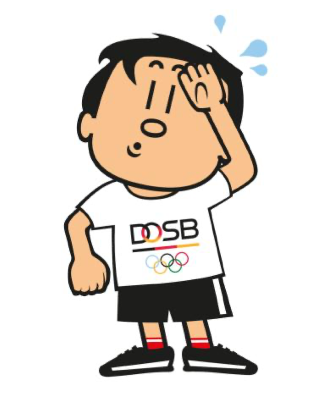 DOSB Cartoonfigur bei Hitze – Hitzeprävention und Tipps für Sportler DOSB Cartoonfigur schwitzt bei Hitze, illustriert das Thema Hitzeprävention im Sport