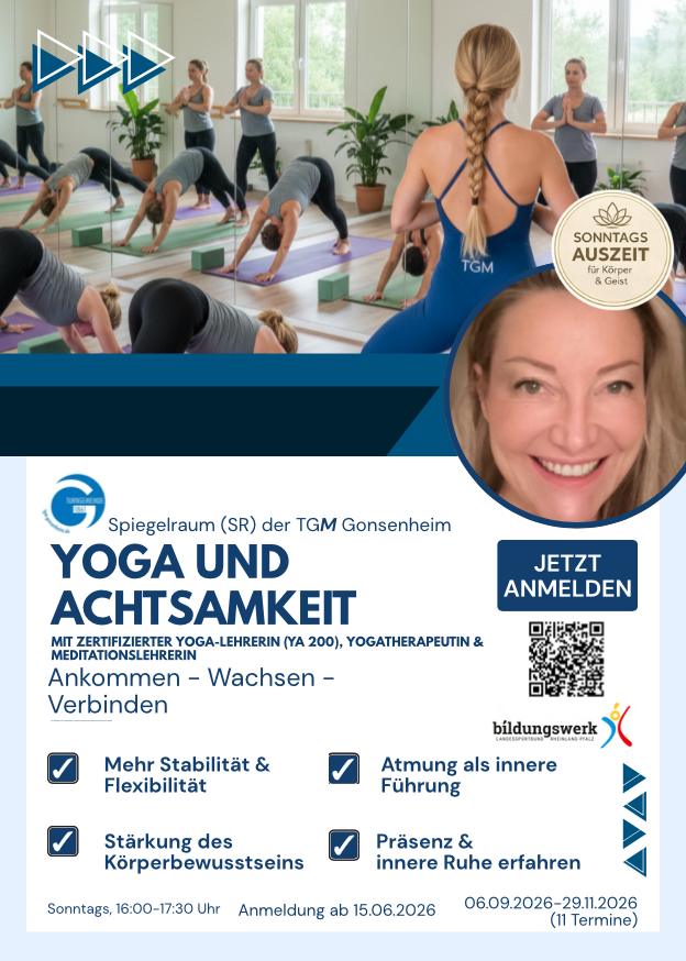 Yoga und Achtsamkeit Kurs bei der TGM Gonsenheim – Gruppen-Yoga im Spiegelraum, Sonntagsauszeit für Körper und Geist