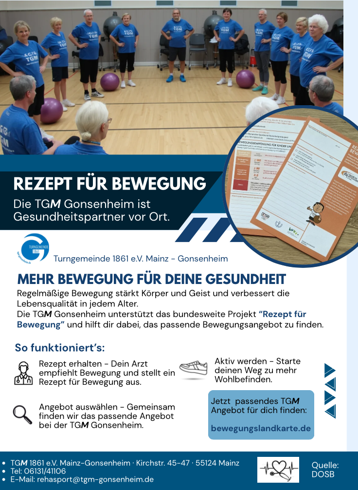 Rezept für Bewegung der TGM Gonsenheim – Gesundheitsförderung und Bewegungsangebote in Mainz Rezept für Bewegung bei der TGM Gonsenheim – Gesundheitsangebot für mehr Bewegung und Lebensqualität in Mainz
