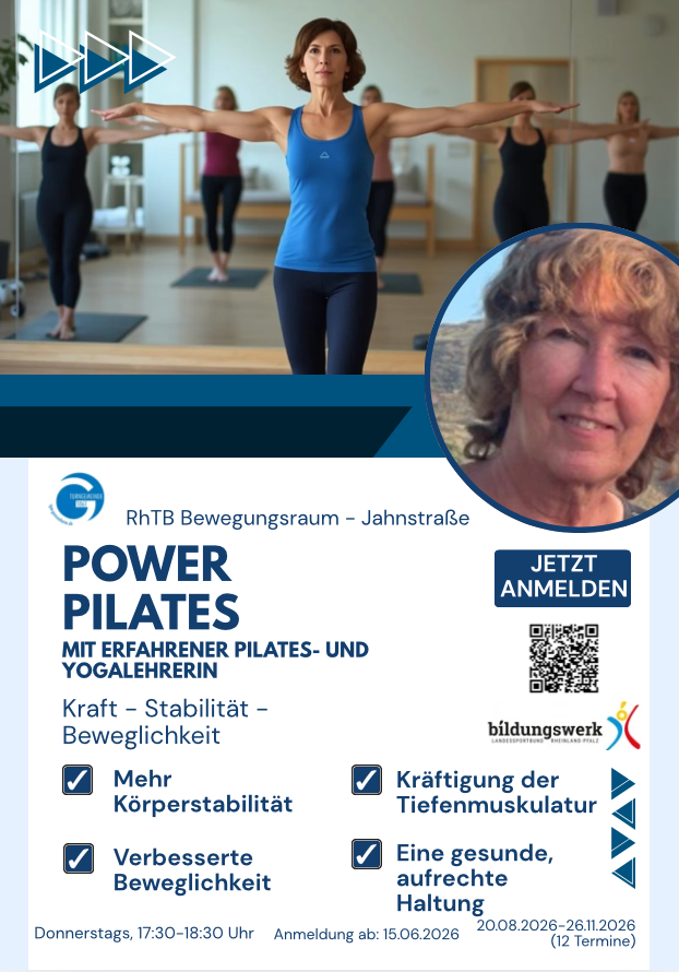Power Pilates Kurs mit Anne im RhTB Bewegungsraum Jahnstraße – Pilates- und Yogalehrerin für Kraft, Stabilität und Beweglichkeit