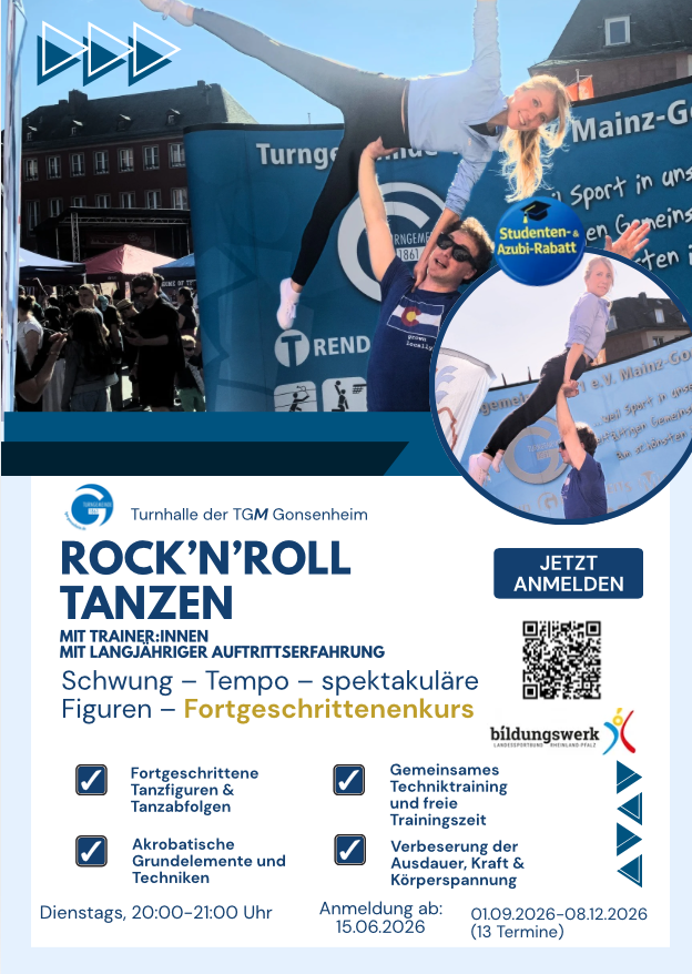 Rock'n'Roll Fortgeschrittenenkurs – jetzt in der TGM Gonsenheim anmelden und mit erfahrenen Trainer:innen spektakuläre Tanzfiguren lernen Rock'n'Roll Fortgeschrittenenkurs in der Turnhalle der TGM Gonsenheim – spektakuläre Tanzfiguren und gemeinsames Techniktraining