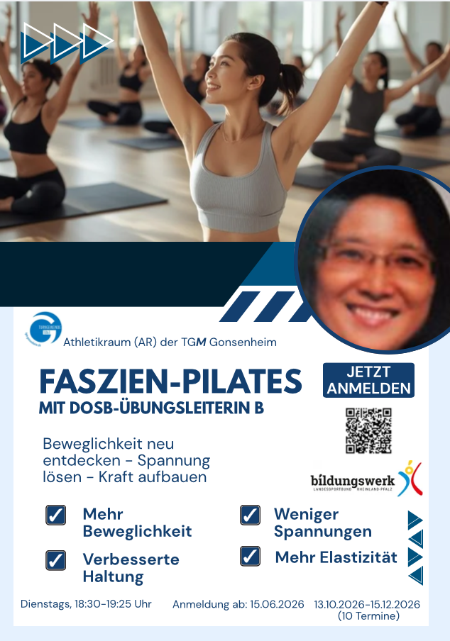 Faszien-Pilates Kurs mit Ying im Athletikraum der TGM Gonsenheim, jetzt anmelden, mehr Beweglichkeit und weniger Spannungen