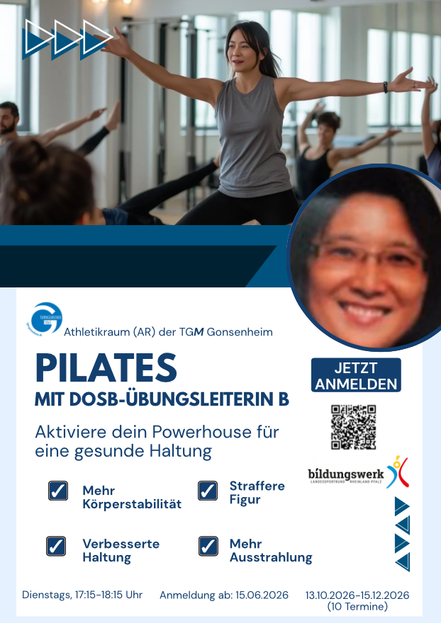 Pilates mit Ying – DOSB-Übungsleiterin B im Athletikraum der TGM Gonsenheim, Kurs für mehr Körperstabilität und eine straffere Figur