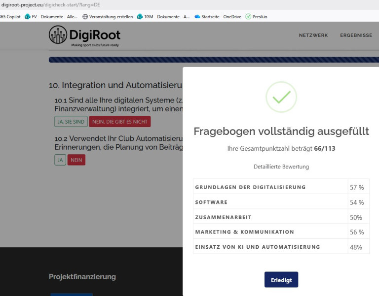 DigiRoot Digitalisierungs-Check Auswertung für TGM – Fragebogen vollständig ausgefüllt Screenshot des DigiRoot Digitalisierungs-Checks mit Fragebogen-Auswertung und Punktzahl für TGM