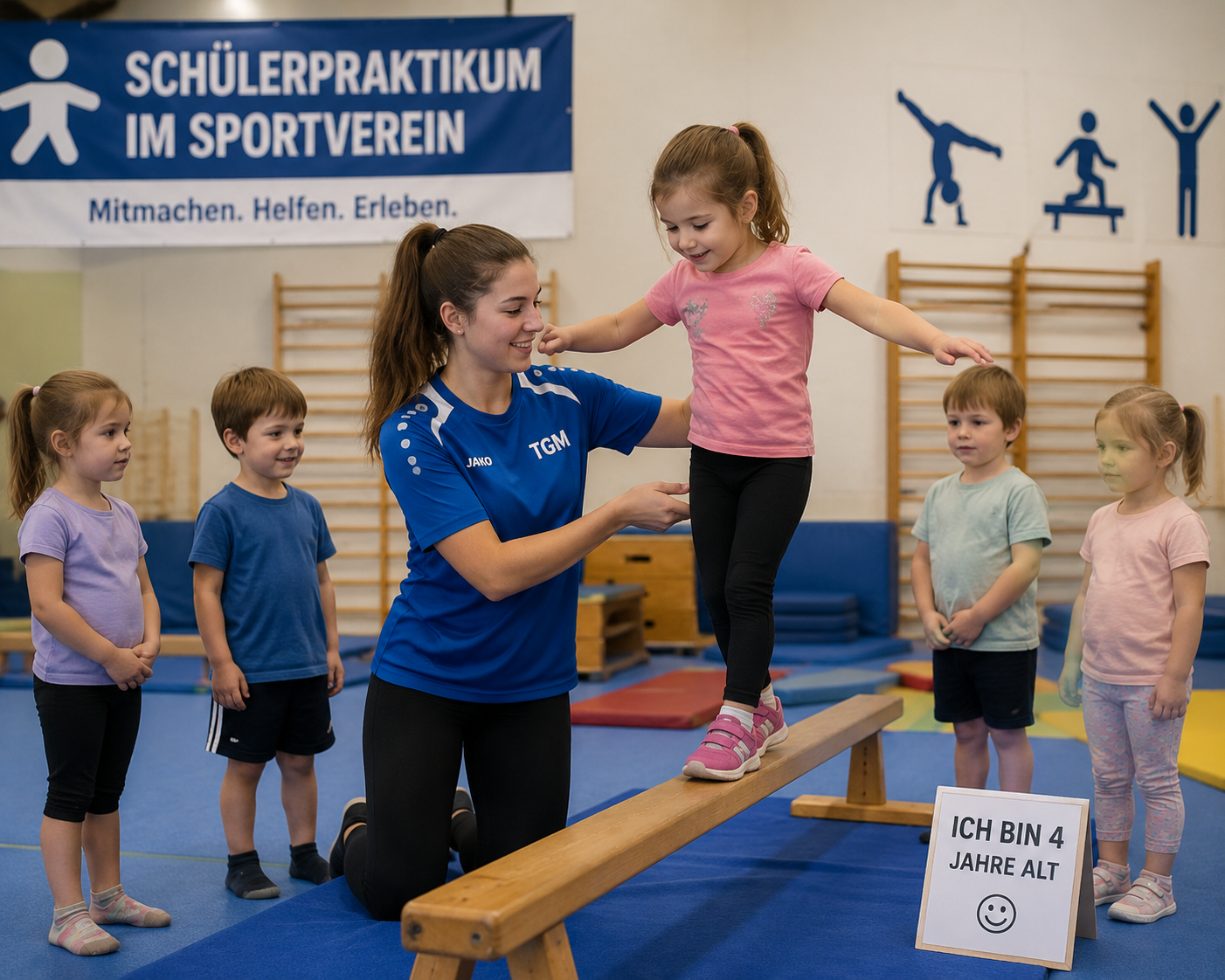 Schülerpraktikum im Sportverein: Betreuerin hilft einem Kind beim Balancieren auf einem Schwebebalken in der Turnhalle