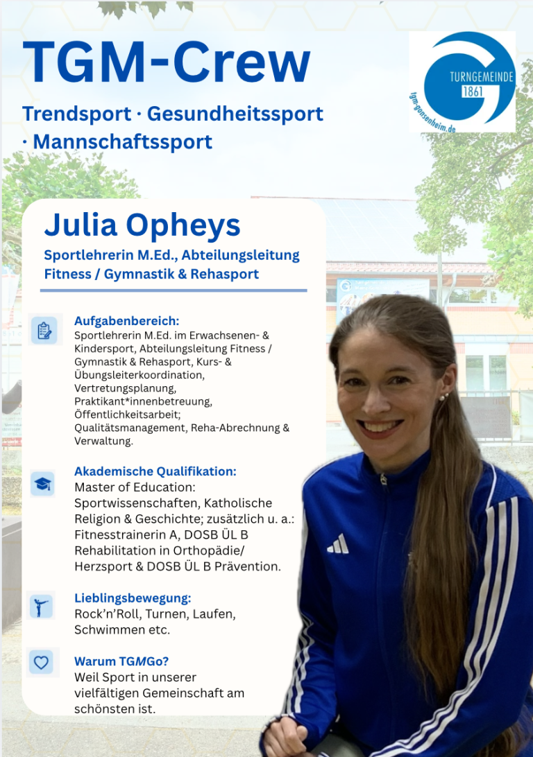 Steckbrief von Julia Opheys, Sportlehrerin und Abteilungsleitung Fitness, Gymnastik und Rehasport