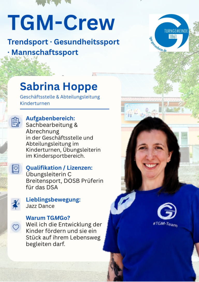 Steckbrief von Sabrina Hoppe, Geschäftsstelle und Abteilungsleitung Kinderturnen bei der TGM, mit Aufgabenbereich, Qualifikationen und Lieblingsbewegung.