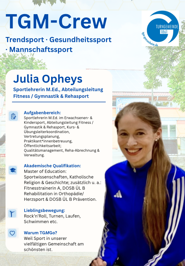 Steckbrief von Julia Opheys, Sportlehrerin und Abteilungsleitung Fitness, Gymnastik und Rehasport