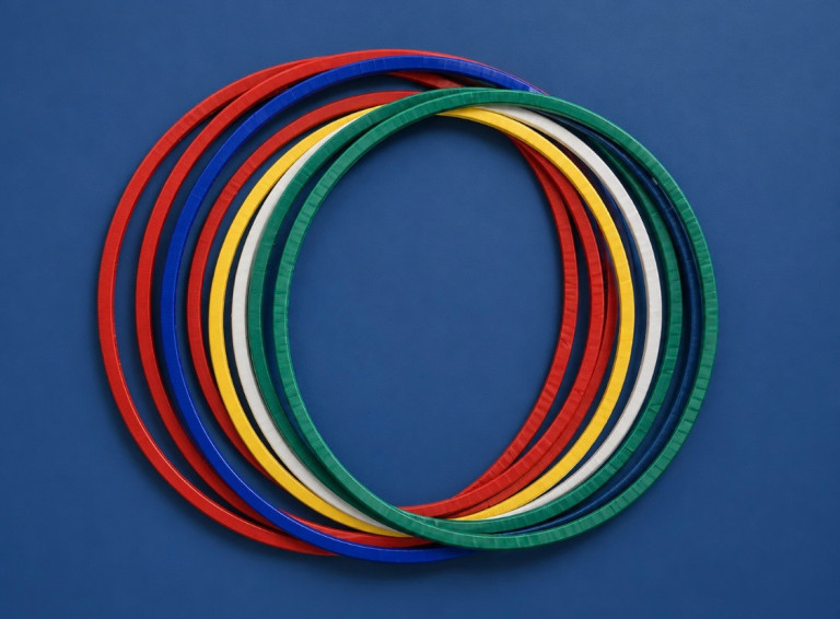 Bunte Hula-Hoop-Reifen als Sportgeräte für Fitness und Gymnastik auf blauem Hintergrund Mehrere bunte Hula-Hoop-Reifen auf blauem Hintergrund, Sportgeräte für Fitness und Gymnastik