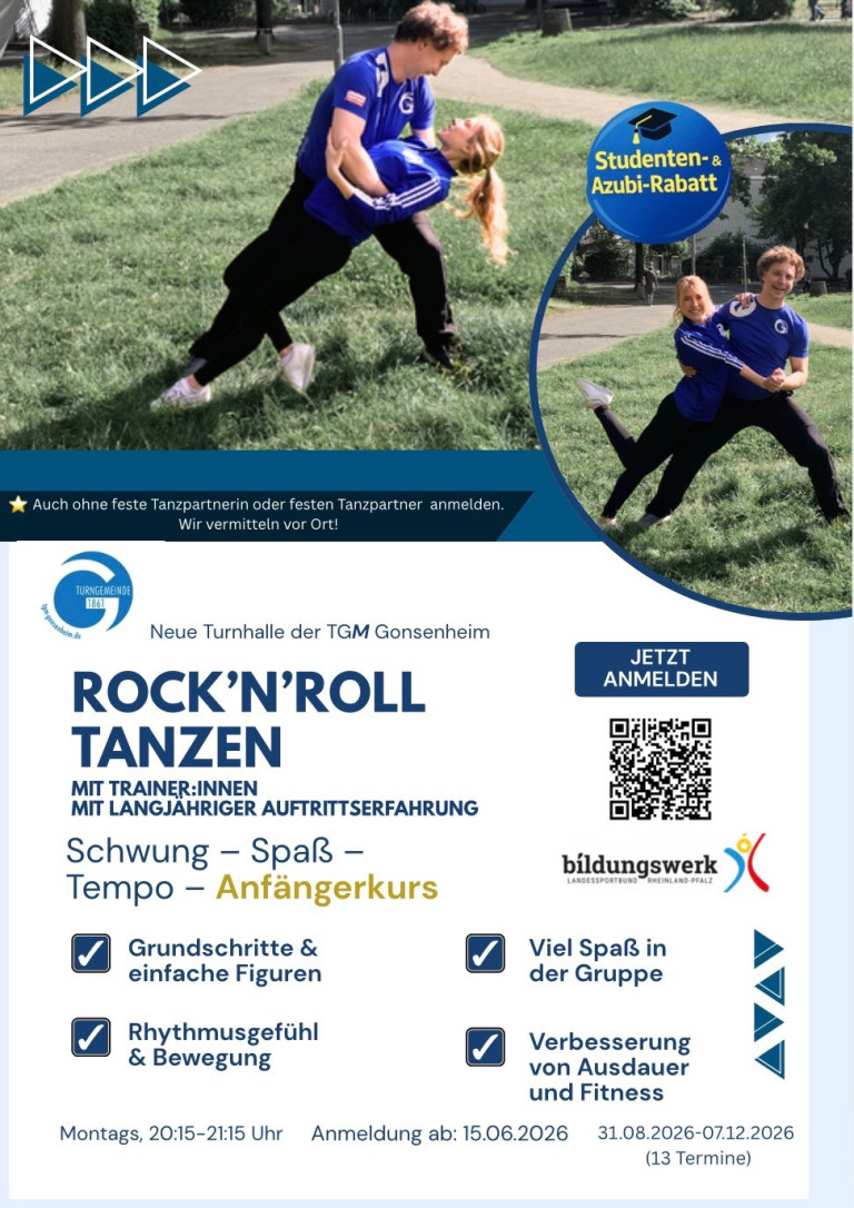 Rock'n'Roll Tanzen Anfängerkurs bei TGM Gonsenheim – Jetzt anmelden und Spaß haben Rock'n'Roll Tanzkurs TGM Gonsenheim – Flyer mit tanzendem Paar auf Wiese, Infos zum Anfängerkurs und Anmeldung