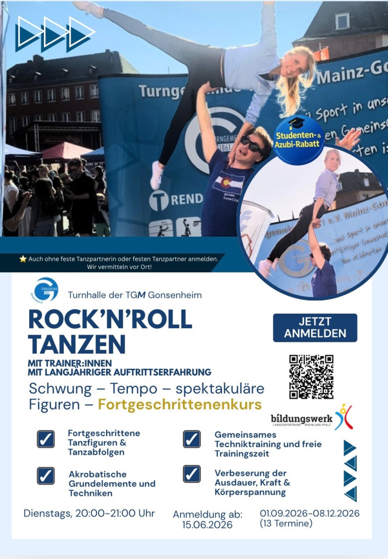 Rock'n'Roll Fortgeschrittenenkurs bei TGM Gonsenheim – Jetzt anmelden und spektakuläre Tanzfiguren lernen Rock'n'Roll Tanzkurs für Fortgeschrittene in der Turnhalle der TGM Gonsenheim – Flyer mit Infos zu Kurs, Anmeldung und Vorteilen