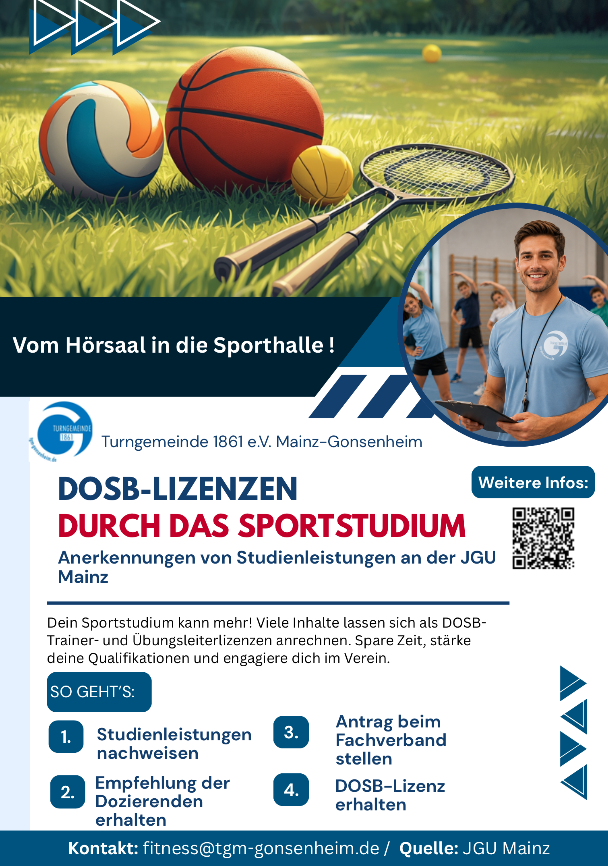 Informationsgrafik zu DOSB-Lizenzen durch das Sportstudium an der JGU Mainz, mit Sportgeräten und Trainer in der Sporthalle