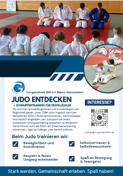 Judo entdecken: Schnuppertraining fr Erstklssler bei der Turngemeinde 1861 e.V. Mainz-Gonsenheim, Flyer mit Kindern im Judoanzug auf der Matte.