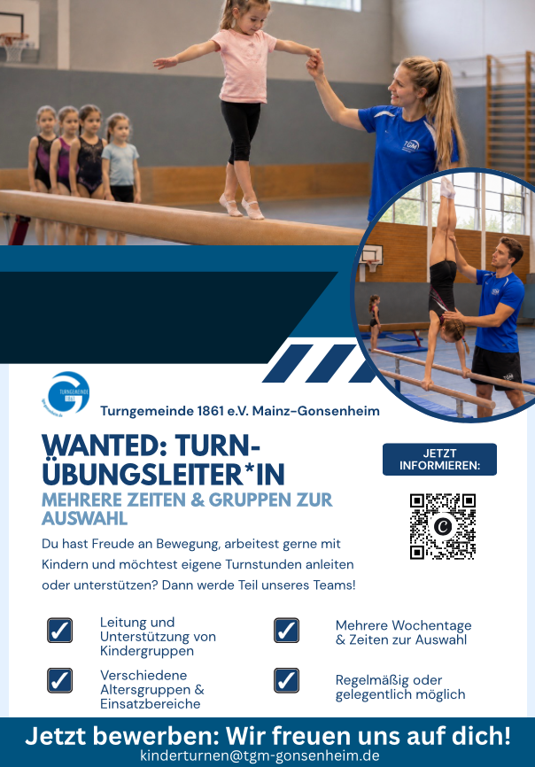 Stellenanzeige bungsleiterin Kinderturnen Mainz-Gonsenheim - Turngemeinde 1861 e.V. Ausschreibung fr eine bungsleiterin Kinderturnen bei der Turngemeinde 1861 e.V. Mainz-Gonsenheim. Mehrere Kinder beim Turnen am Schwebebalken, Trainer untersttzt ein Kind.