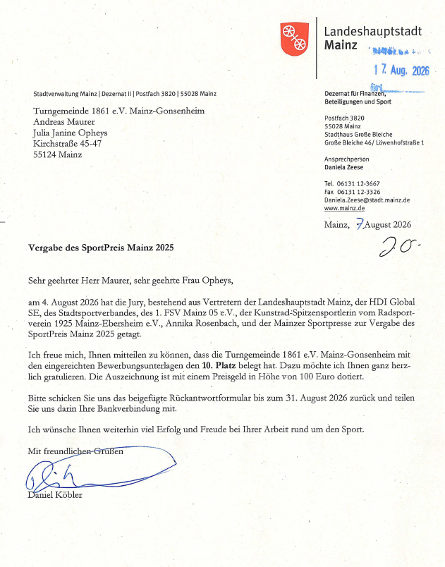 Schreiben zur Vergabe des SportPreis Mainz 2025 an die Turngemeinde 1861 e.V. Mainz-Gonsenheim