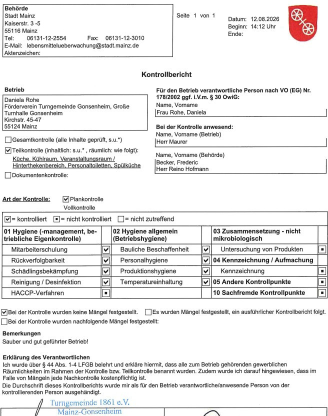 Kontrollbericht der Lebensmittelüberwachung für den Betrieb Daniela Rohe in Mainz, Förderverein Turngemeinde Gonsenheim, mit Angaben zu Hygiene und Kontrolle