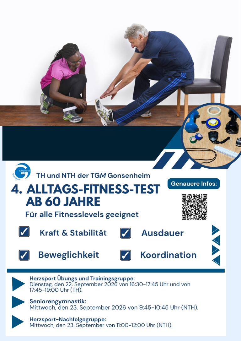 Plakat zum 4. Alltags-Fitness-Test ab 60 Jahre der TGM Gonsenheim mit Informationen zu Kraft, Ausdauer, Beweglichkeit und Koordination.