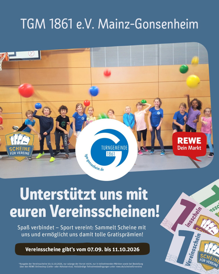 Scheine für Vereine 2026 Mitmach-Aktion Turngemeinde 1861 Gonsenheim REWE Vereinsunterstützung Kinder in Sporthalle