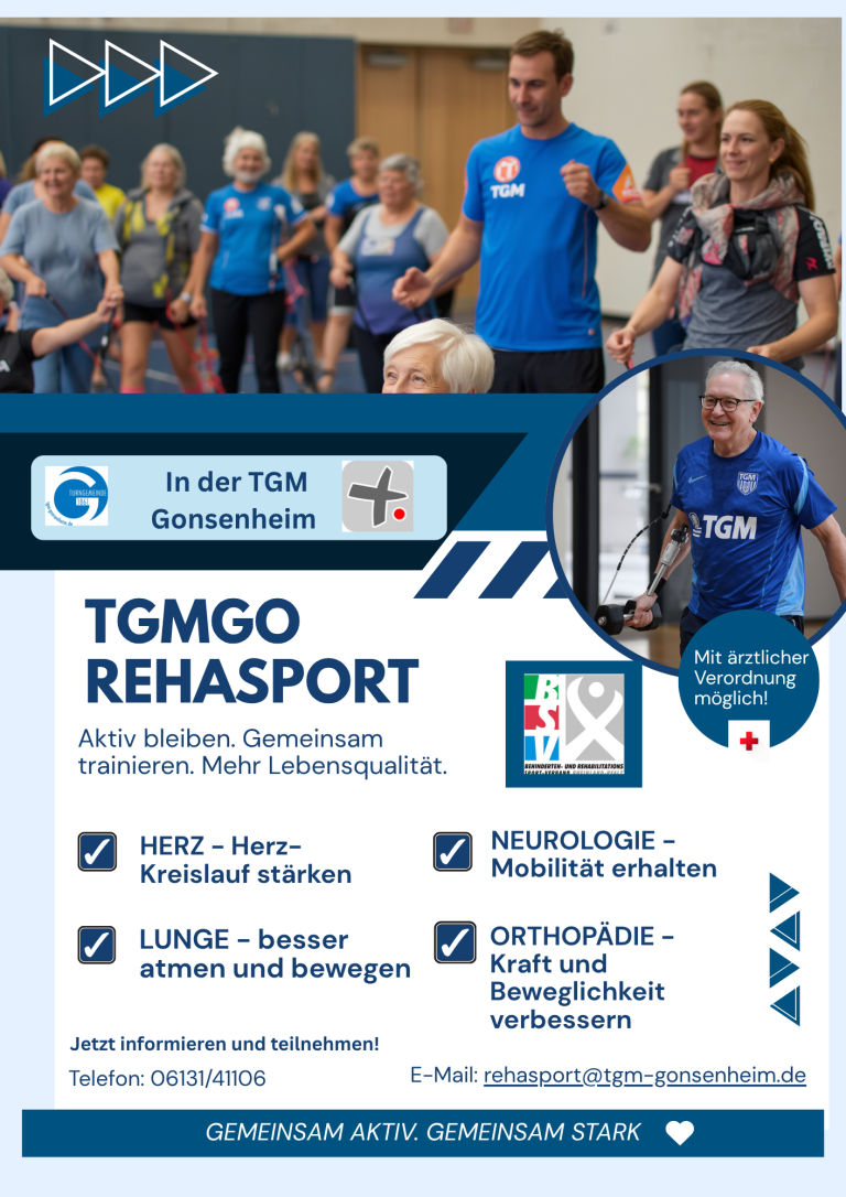 Rehasport in der TGM Gonsenheim – Gemeinsam aktiv bleiben und Lebensqualität steigern Rehasport in der TGM Gonsenheim – Gruppenbild mit Teilnehmern beim gemeinsamen Training, Fokus auf Herz, Lunge, Neurologie und Orthopädie