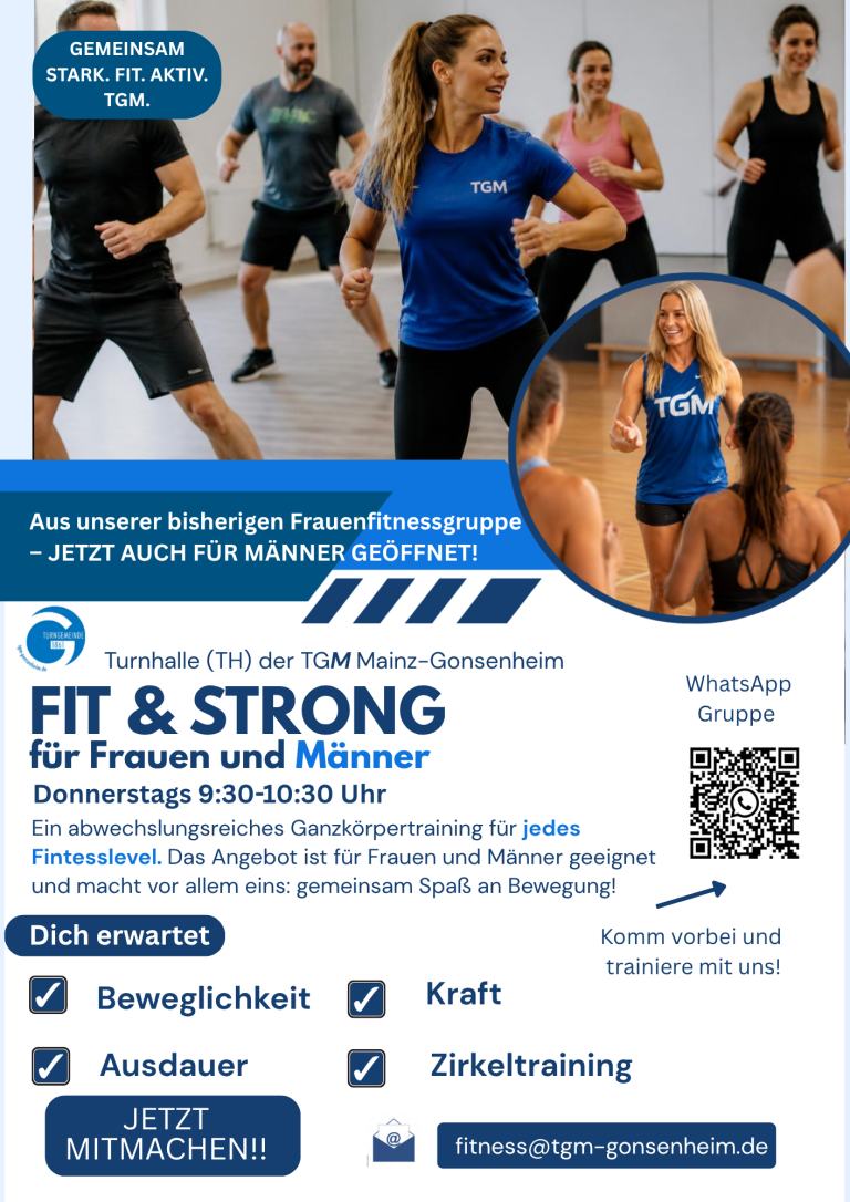 Fit & Strong ffcr Frauen und Me4nner bei der TGM Mainz-Gonsenheim: Ganzkf6rpertraining donnerstags Fit & Strong Ganzkf6rpertraining ffcr Frauen und Me4nner in der TGM Mainz-Gonsenheim, Gruppenfitness mit Beweglichkeit und Kraft