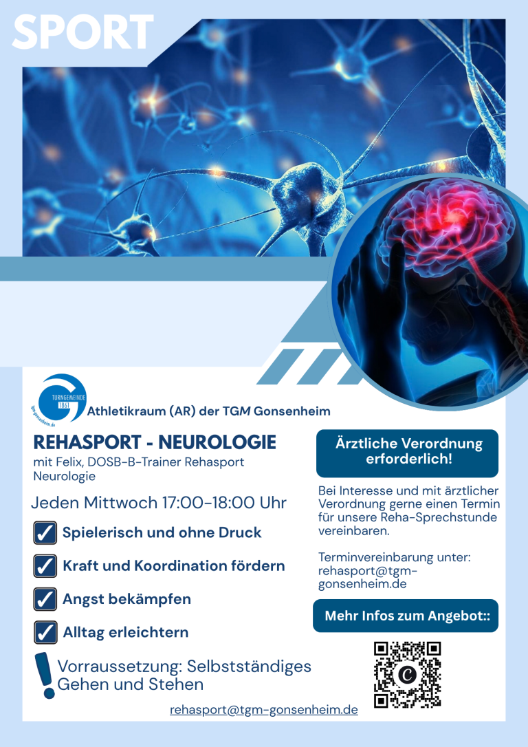 Flyer Rehasport Neurologie TGM Gonsenheim – Kursinfos und Vorteile Flyer für Rehasport Neurologie in der TGM Gonsenheim mit Informationen zu Kurszeiten, Trainer Felix und Vorteilen wie Kraft, Koordination und Angstbewältigung.
