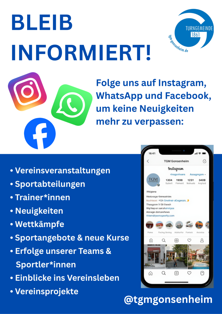 Werbeflyer Instagram – Informationen zu Vereinsveranstaltungen, Sport und Social Media Werbeflyer zur Instagram-Präsenz mit Infos zu Vereinsveranstaltungen, Sportangeboten und Social Media Kanälen