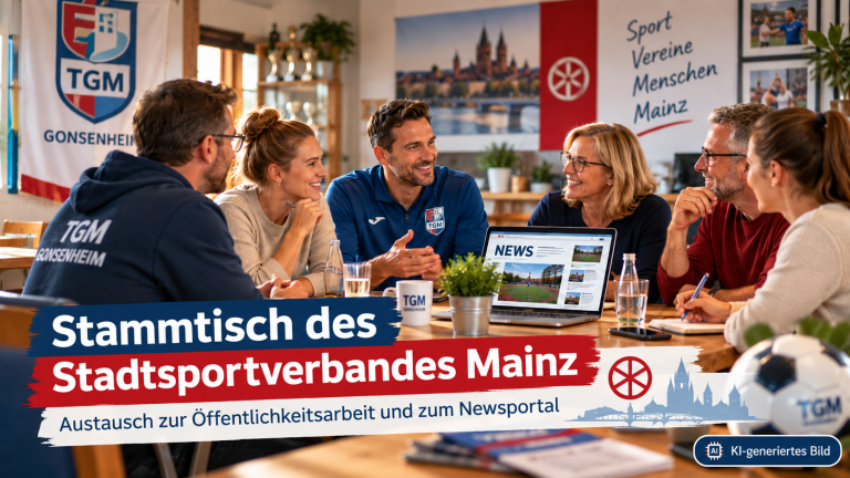 Stammtisch des Stadtsportverbandes Mainz – Austausch über Öffentlichkeitsarbeit und Newsportal Stammtisch des Stadtsportverbandes Mainz, Menschen im Gespräch über Öffentlichkeitsarbeit und Newsportal