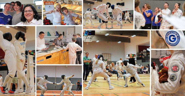 Karottenturnier und Mainzer Rad 2026 Collage – Fechten, Teilnehmer:innen und buntes in der Sporthalle Weserstraße Collage: Fecht-Wettkämpfe Degen und Florett, Jubeln und Anfeuern, Cafeteria und Kampfgericht, Sporthalle Weserstraße Gonsenheim