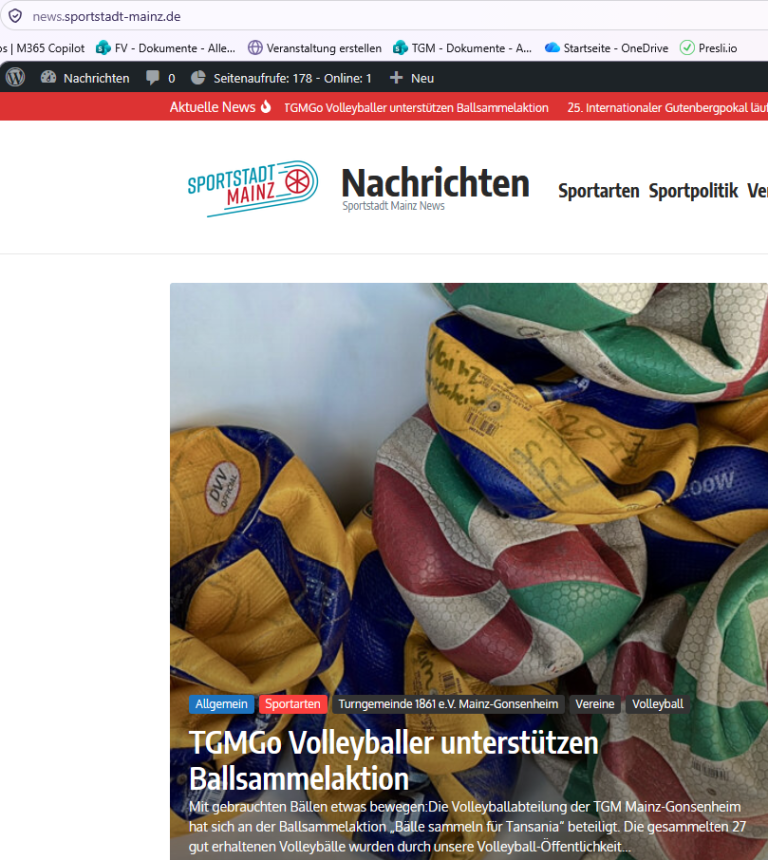 Sportstadt Mainz Nachrichten: TGMGo Volleyballer unterstützen Ballsammelaktion am 11.10.2026 Screenshot der Sportstadt Mainz Nachrichten mit Bericht über TGMGo Volleyballer und Ballsammelaktion am 11.10.2026