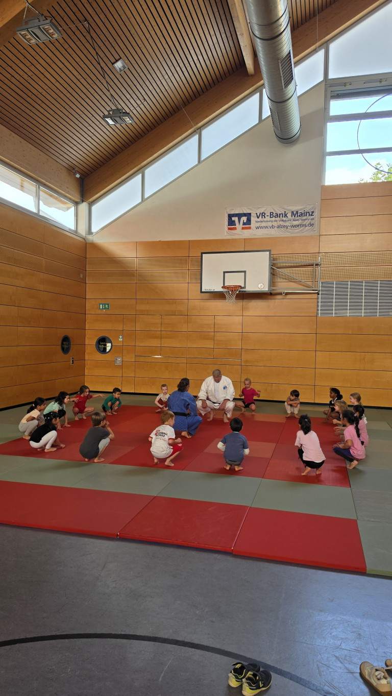 Judo-Training fr Kinder in Sporthalle mit VR-Bank Mainz Banner am 21.09.2026 Kinder beim Judo-Training in einer Sporthalle mit Trainern, VR-Bank Mainz Banner im Hintergrund