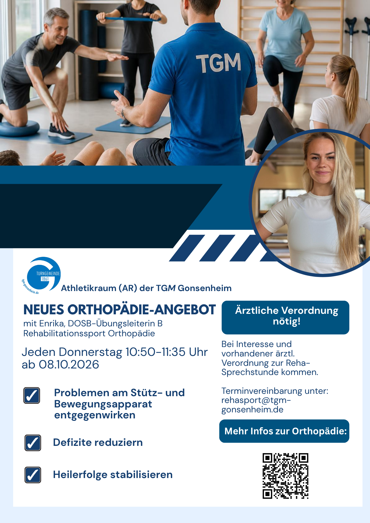 Werbung für Orthopädie-Angebot der TGM Gonsenheim mit Enrika, DOSB-Übungsleiterin B, Rehabilitationssport Orthopädie