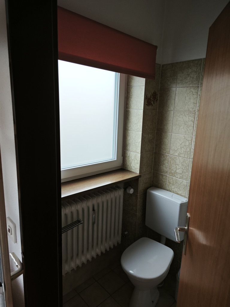 Kleines Badezimmer mit Fenster, Heizung und Toilette – Altbaufliesen und Tageslicht Kleines Badezimmer mit Fenster, Heizung und Toilette in Altbaufliesen-Optik