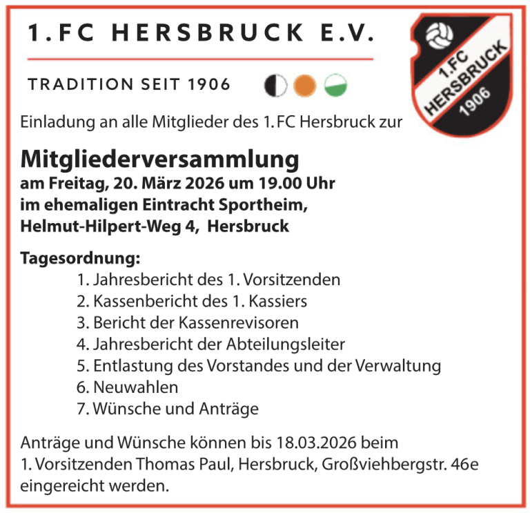 Einladung zur Mitgliederversammlung des 1. FC Hersbruck am 20. März 2026 im ehemaligen Eintracht Sportheim, Helmut-Hilpert-Weg 4, Hersbruck