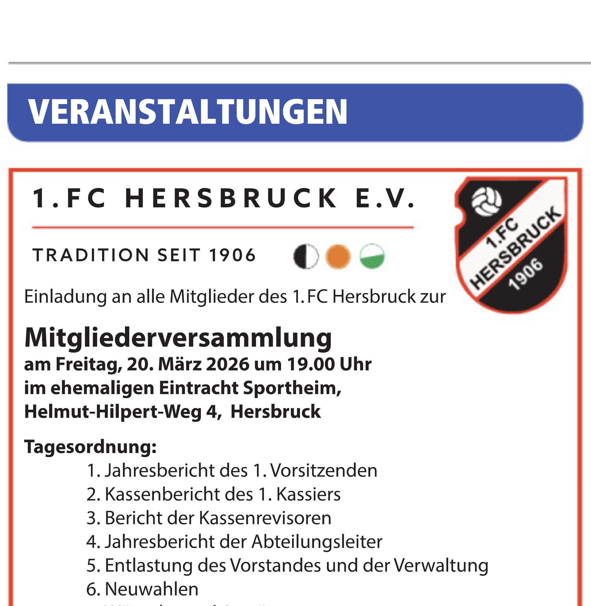 Einladung zur Mitgliederversammlung des 1. FC Hersbruck am 20. März 2026 im Eintracht Sportheim, Helmut-Hilpert-Weg 4, Hersbruck