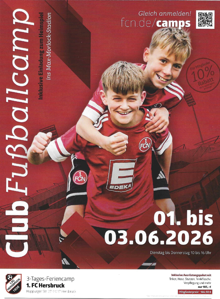 Club Fußballcamp 1. FCN für Kinder vom 01. bis 03.06.2026, Werbeplakat mit zwei Jungen im 1. FCN Trikot