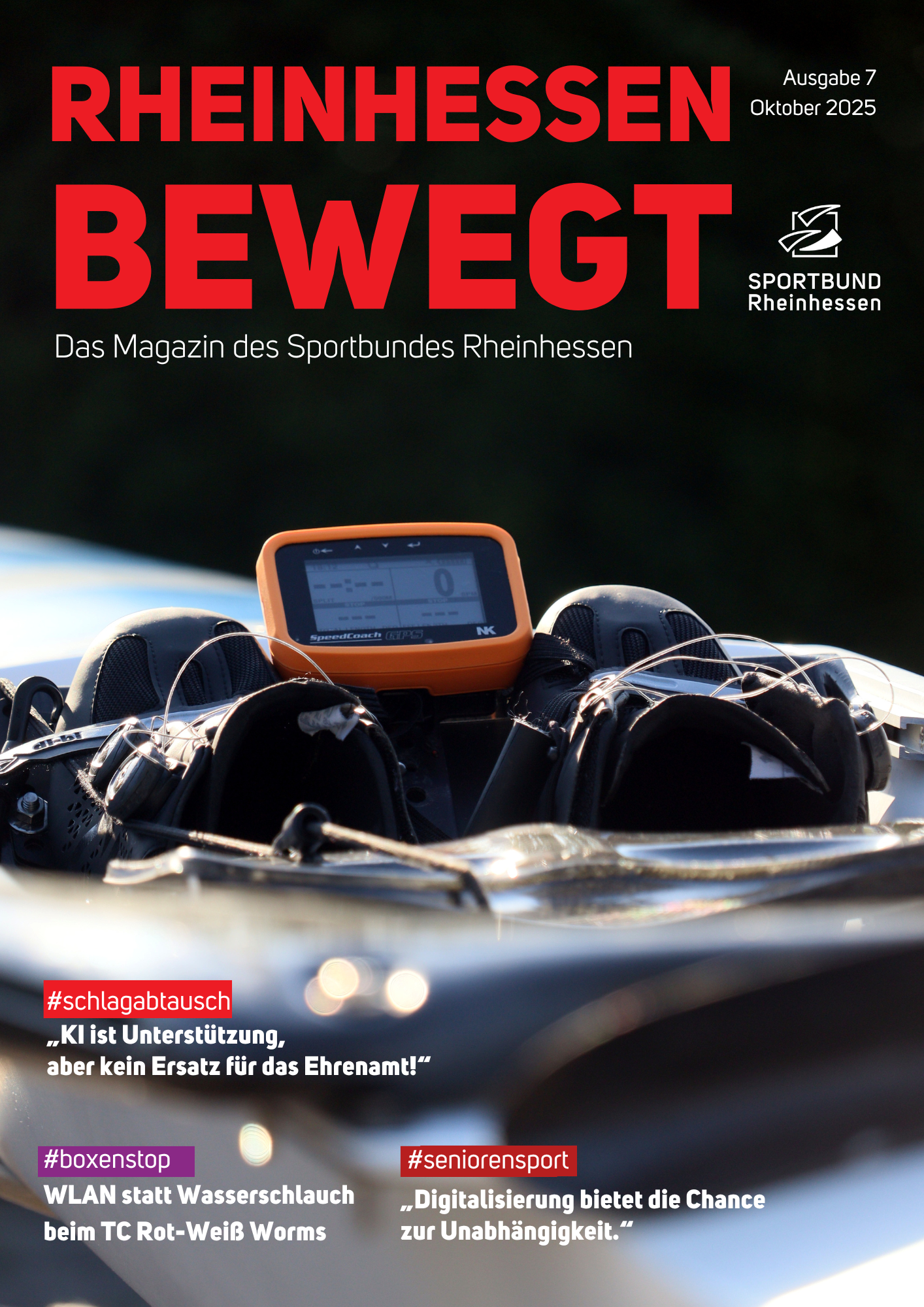 Cover des Magazins 'BEWEGT' des Sportbundes Rheinhessen mit Ruderboot-Detail und Slogan zu KI und Ehrenamt
