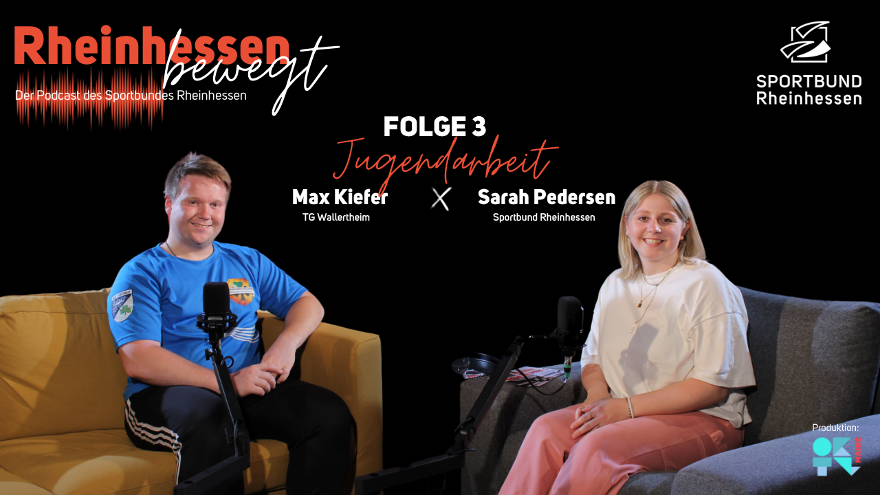 YouTube Podcast Thumbnail mit Sarah Pedersen vom Sportbund Rheinhessen und Max Kiefer von TG Wallerheim, Folge 3 zum Thema Jugendarbeit