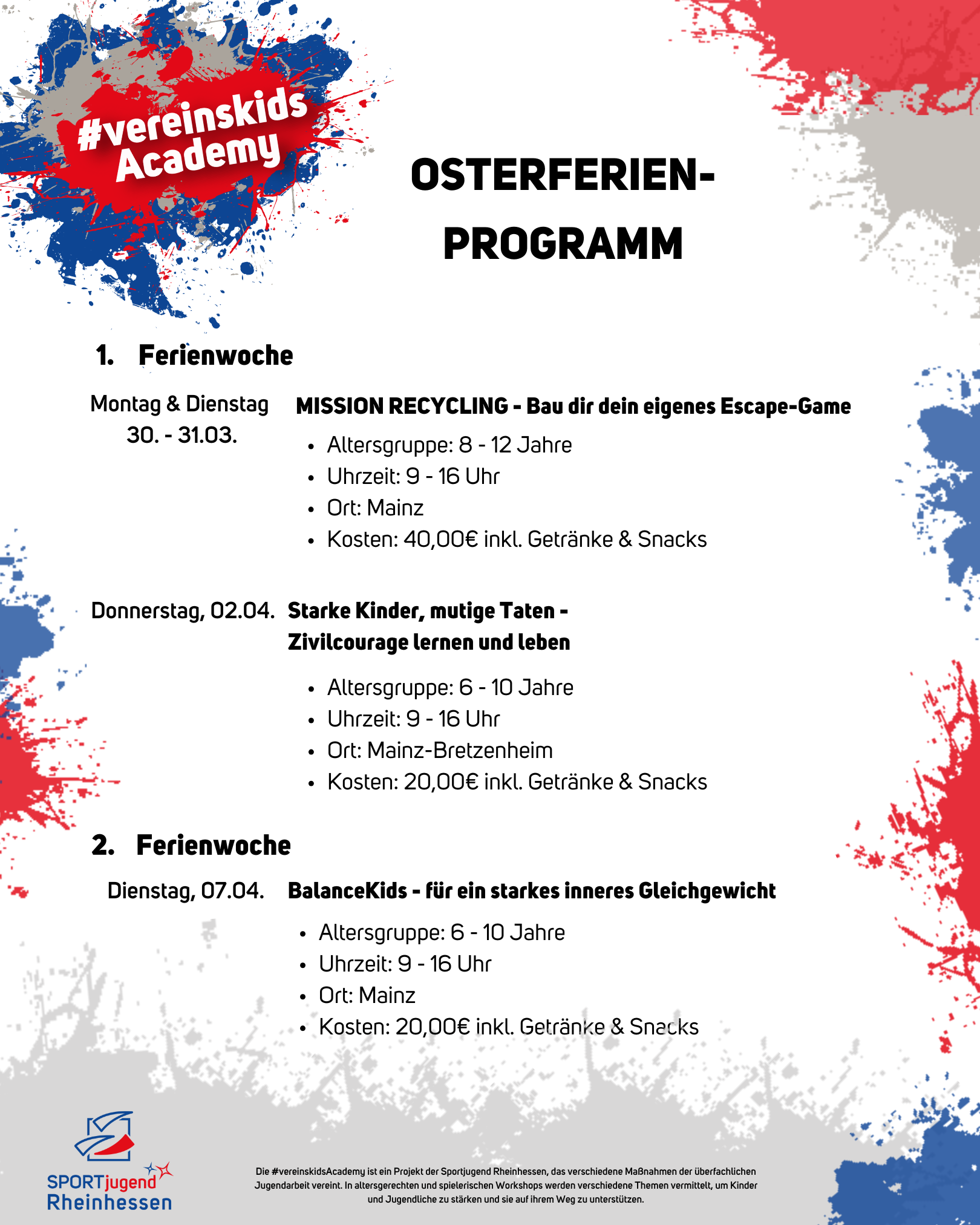 Osterferienflyer mit Ferienprogramm der VereinsAcademy in Mainz und Mainz-Bretzenheim, inklusive Workshops fr Kinder zu Recycling, Zivilcourage und BalanceKids.